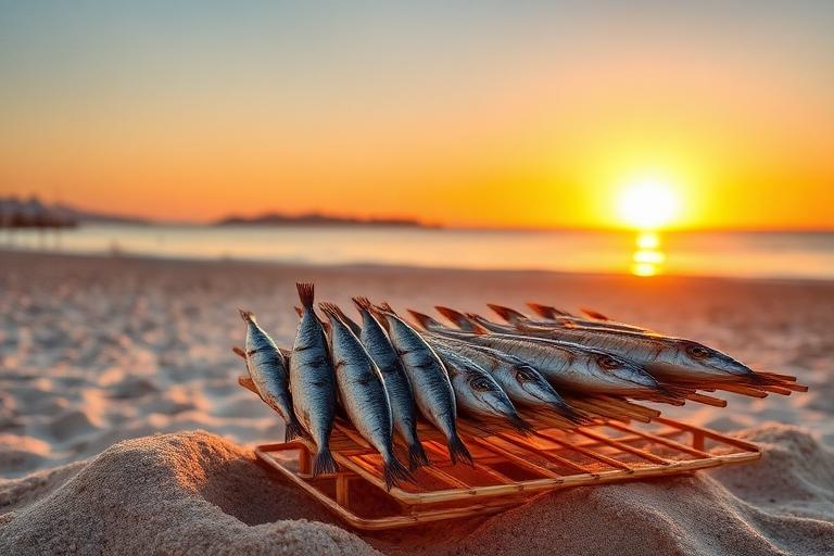 Espetos de sardinas asándose sobre brasas de leña de olivo en el barco