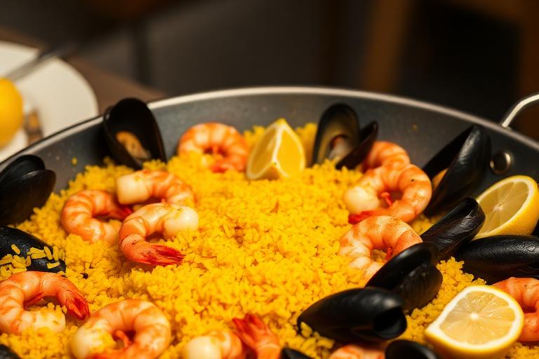 Paella mixta sobre fuego de leña